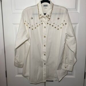 Vintage Bonnie Blair Women's Beige and White Western Bedazzled Shirt Size 1X
